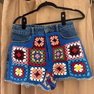 Anthropologie Blue Jean Shorts with Crochet Patchwork